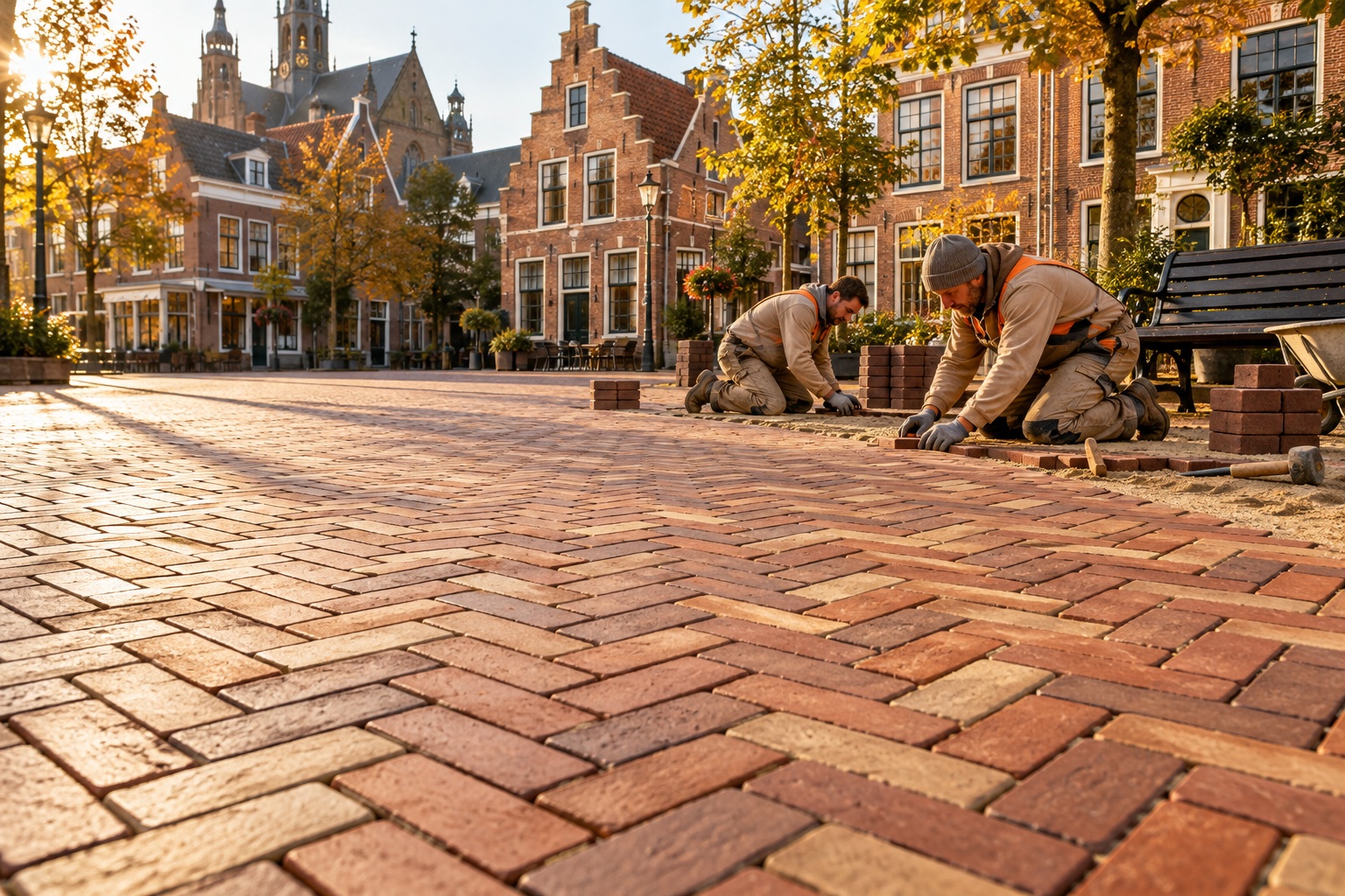 Sfeervol Hollands plein met bakstenen gevels, een bankje en stratenmakers aan het werk